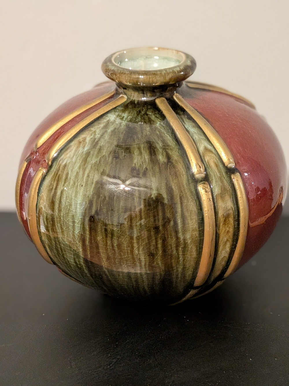 Round Decorative Art Pottery Vase in Olive Green and Deep Red with Gold Accents